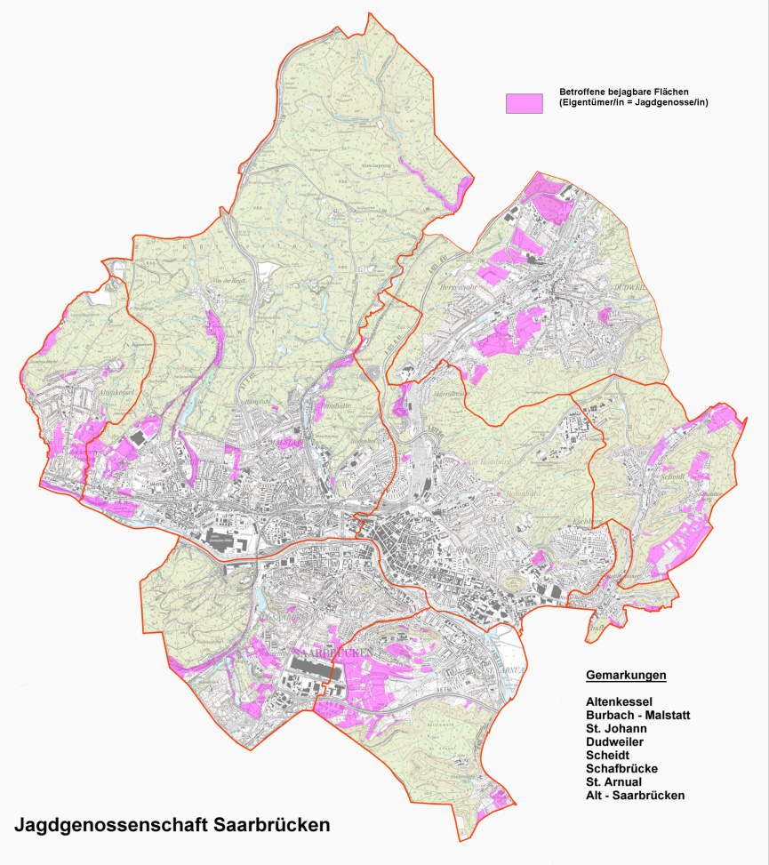 Betroffene bejagbare Flächen in den Stadtteilen Altenkessel, Burbach, St. Johann, Dudweiler, Schafbrücke, St. Arnual und Altsaarbrücken. Betroffene bejagbare Flächen in den Stadtteilen Altenkessel, Burbach, St. Johann, Dudweiler, Schafbrücke, St. Arnual und Altsaarbrücken.