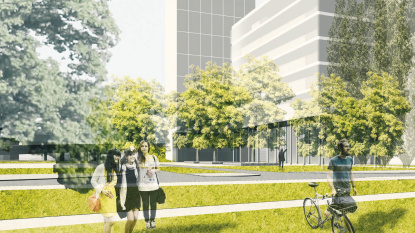 1. Preis - Visualisierung: Blick vom Roonplatz auf Campanile und Handwerkskammer (Quelle: Kollmann Architekten, Latz + Partner, Schweitzer Ingenieure)