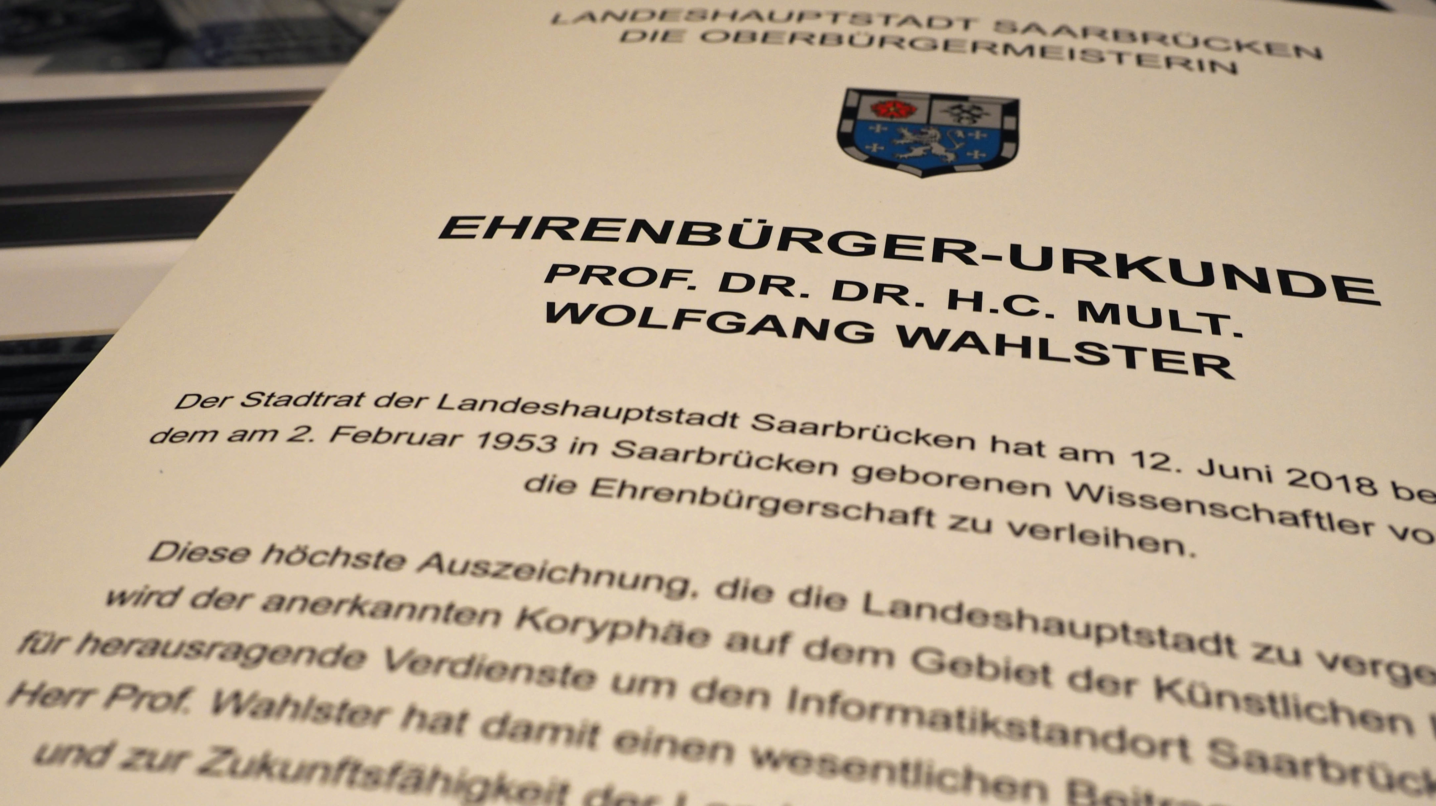 Ehrenbürgerurkunde Prof. Wolfgang Wahlster