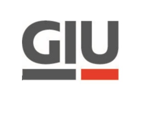 Logo der GIU - Gesellschaft für Innovation und Unternehmensförderung mbH / graue Buchstaben über grauem und  rotem Balken