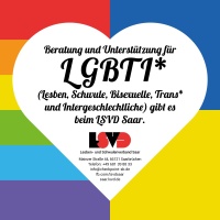 Herz mit Schrift Beratung und Unterstützung für LGBTI gibt es beim LSVD Saar