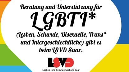 Herz mit Schrift Beratung und Unterstützung für LGBTI gibt es beim LSVD Saar