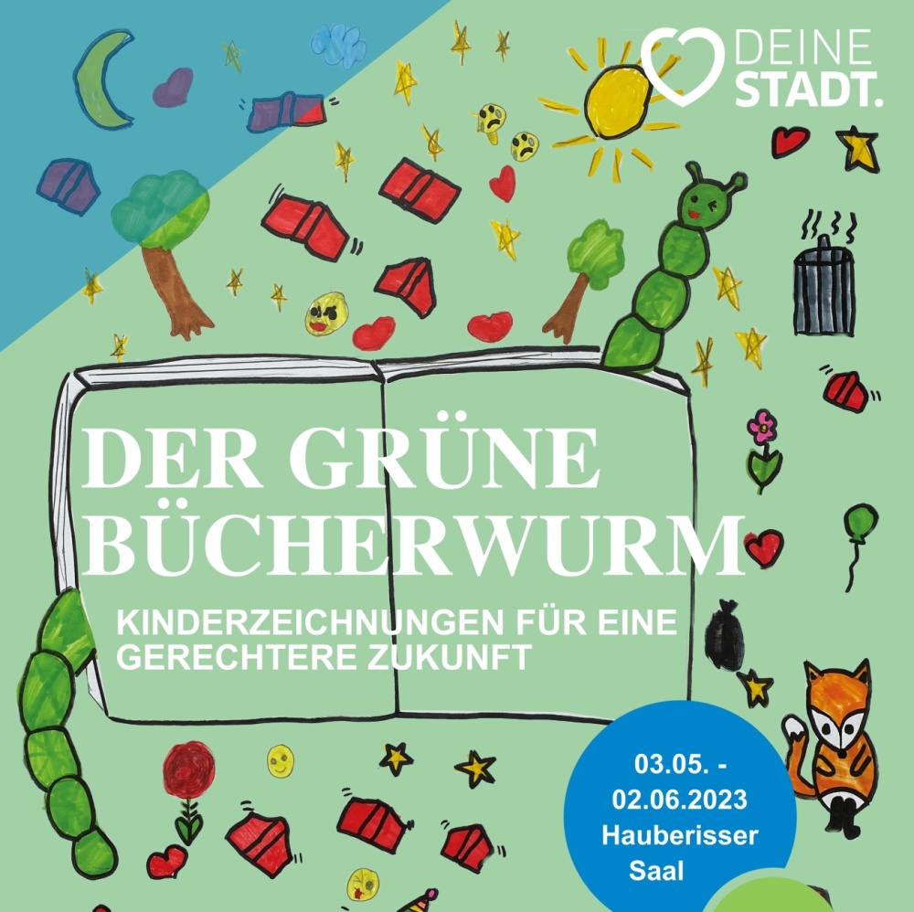 Plakatmotiv mit türkiser Hintergrundfarbe, darauf sind Kinderzeichnungen von fliegenden roten Büchern, einem Fuchs und einer Raupe zu sehen