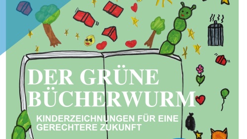 Plakatmotiv mit türkiser Hintergrundfarbe, darauf sind Kinderzeichnungen von fliegenden roten Büchern, einem Fuchs und einer Raupe zu sehen