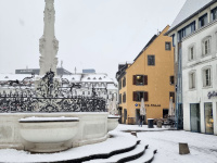 Der Stengelbrunnen am St. Johanner Markt  im Schnee