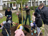 OB Uwe Conradt mit Kindern der Kitas Hirtenwies und Heilig Kreuz am 25. April eine Ulme und eine Zelkove auf dem Kleinkinderspielplatz Hirtenwies gepflanzt.