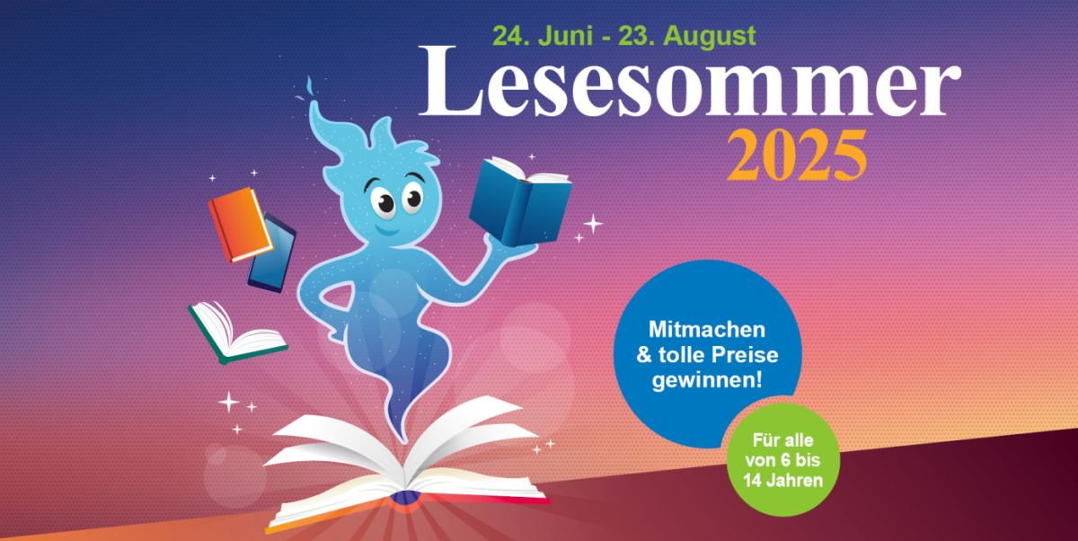 Das Bild zeigt ein Werbeplakat für den „Lesesommer 2025“. Im Mittelpunkt steht ein blauer, geisterartiger Charakter, der aus einem geöffneten Buch herauskommt und Bücher in der Hand hält. Um ihn herum schweben weitere Bücher und ein Tablet. Der Hintergrun