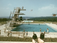 Ein Sprungturm im Schwarzenbergbad um 1960, von dem Personen ins Wasser springen