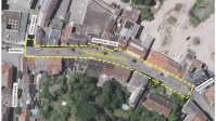 Luftbild von Dudweiler des Bereichs der Saarbrücker Straße zwischen Rathausstraße und Einmündung zu Marktplatz und Trierer Straße mit der Aufschrift Neugestaltungsbereich