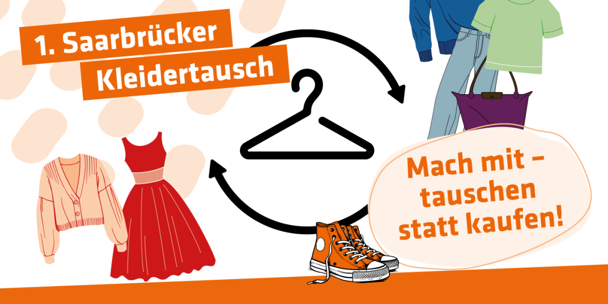 Kleider, Schuhe und ein Kleiderbügel mit der Aufschrift 20.9.25 10 bis 13 Uhr