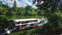 Angemaltes Boot auf dem See, zwischen Bäumen