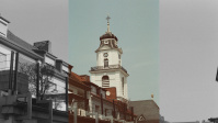 Ansicht der Friedenskirche - moderne und alte Fassade im Foto abgebildet