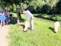 Ein Mann steht zwischen zwei Schafen und streichelt eines. Daneben steht eine Gruppe von Menschen im Schatten eines Baumes und schaut zu.
