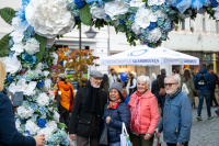 Vier ältere Personen stehen unter einem großen Blumenbogen aus weißen und blauen Blüten und posieren für ein Foto.