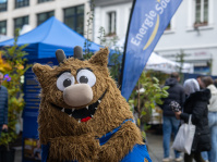 Plüsch-Maskottchen mit Hörnern von Energie SaarLorLux posiert lachend auf dem Festgelände.