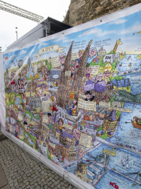 Buntes Köln-Wimmelbild mit Wahrzeichen und Persönlichkeiten