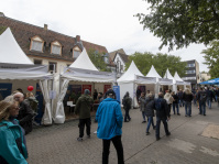 Reihe weißer Infostände mit Besuchern in einer Gasse, Zelte mit Vereins- und Organisationsnamen.