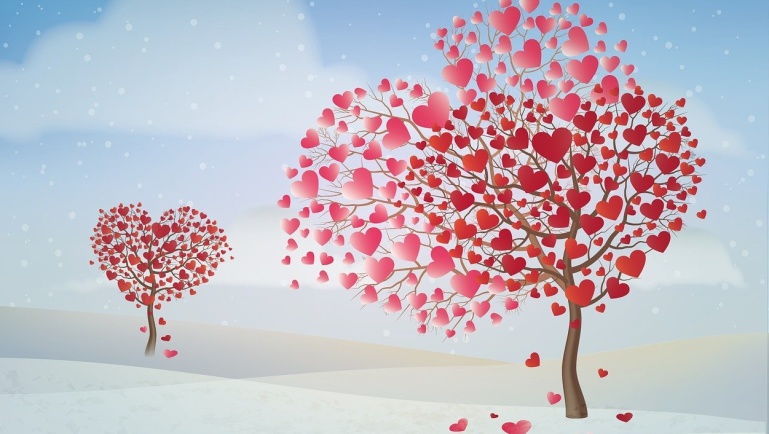 Illustration von zwei Bäumen mit roten und rosa herzförmigen Blättern in einer verschneiten Landschaft unter blauem Himmel mit Wolken und fallendem Schnee.