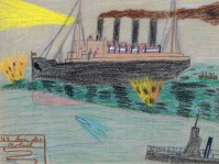 Darstellung der Versenkung des britischen Passierdampfers „Lusitania“ durch Torpedos des deutschen U-Bootes U 20 vor der Südküste Irlands. Zeichnung eines unbekannten Schülers der Klasse 2a (12-13 Jahre)