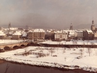 Blick auf die Alte Brücke, das Rathaus St. Johann, die Kirche St. Michael, die Basilika St. Johann und die alte evangelische Kirche St. Johann.