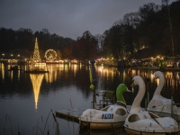 Blick über den See bei Dunkelheit, mit beleuchtetem schwimmendem Weihnachtsbaum und Riesenrad im Hintergrund; rechts kleine Tretboote in Schwanenform.