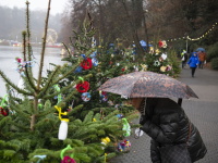 Frau mit Regenschirm beugt sich zu einem mit buntem Kinderschmuck dekorierten Weihnachtsbaum am Seeufer; links weitere geschmückte Bäume.