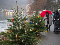Zwei Personen unter einem roten Schirm und mit Kinderwagen laufen am geschmückten Baumweg entlang, im Hintergrund verschwommene Marktlichter.