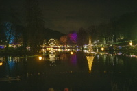 Am nächtlichen Weiher leuchtet ein schwimmender Weihnachtsbaum, umgeben von bunten Marktlichtern.