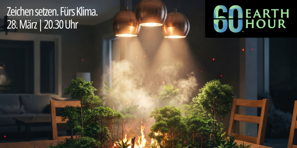 Webgrafik zur Earth Hour 2026 Brennender Wald unter Lampen auf Küchentisch mit Aufruf "Wir machen's aus!"