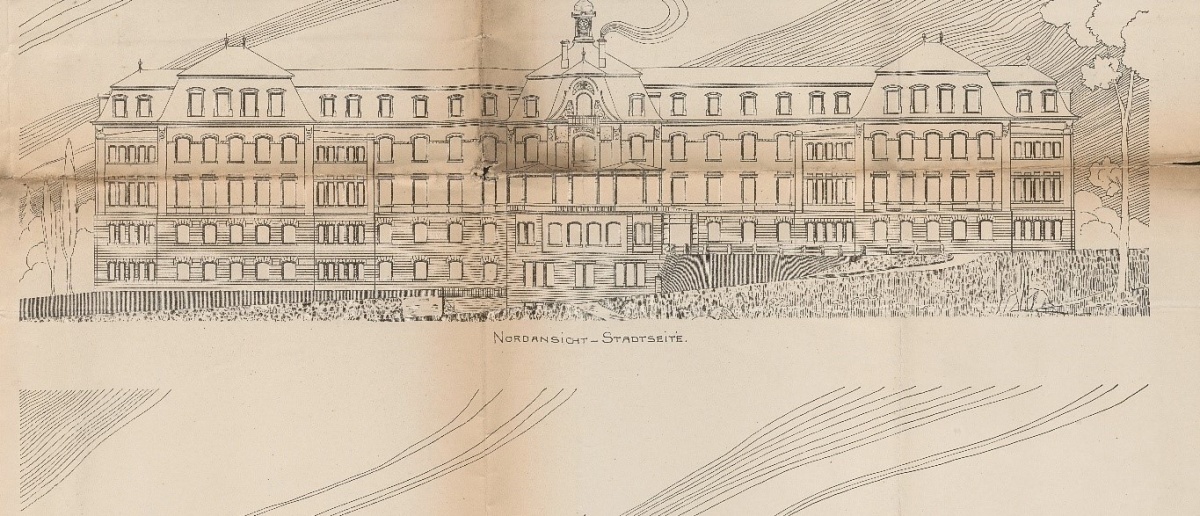 Entwurfszeichnung aus dem Jahr 1904 der Nordansicht des Bürgerhospitals. Entwurfszeichnungen mit Nordansicht eines Gebäudes