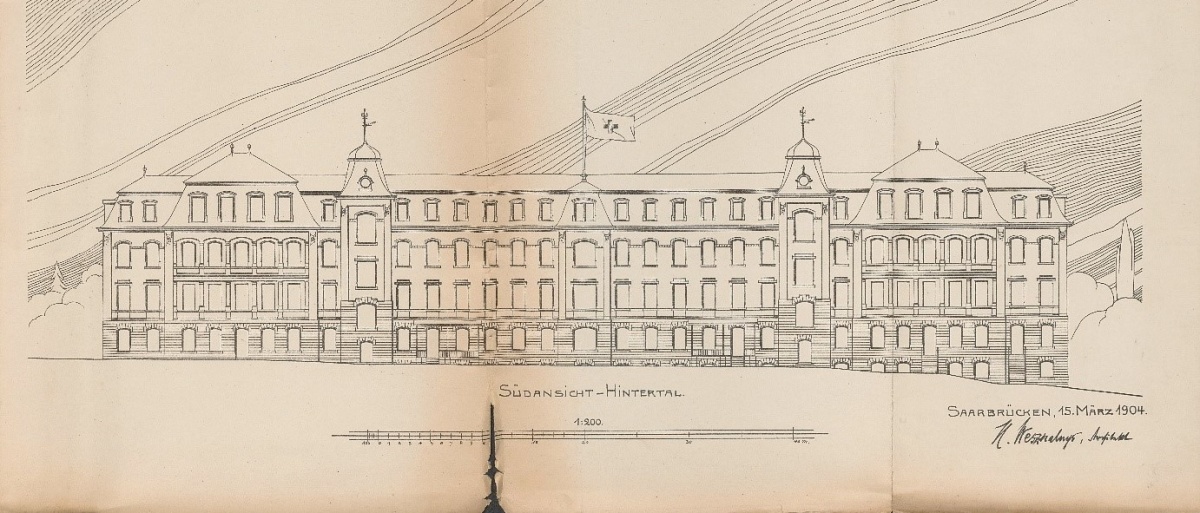 Entwurfszeichnung aus dem Jahr 1904 der Südansicht des Bürgerhospitals. Entwurfszeichnungen mit Südansicht eines Gebäudes