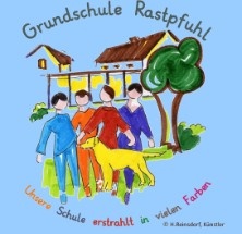 Gezeichnete Figuren in rot, blau und orange mit gelbem Hund vor hellblauem Hintergrund Gezeichnete Figuren in rot, blau und orange mit gelbem Hund vor hellblauem Hintergrund