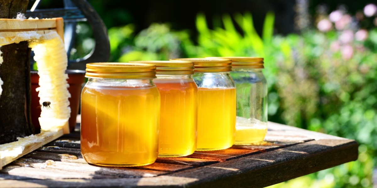 Honig im Glas Honig im Glas vor einer Bienenwabe