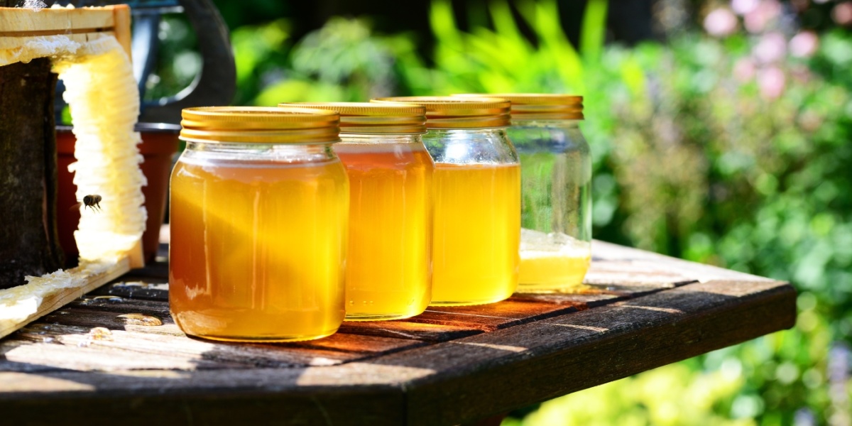 Honig im Glas vor einer Bienenwabe