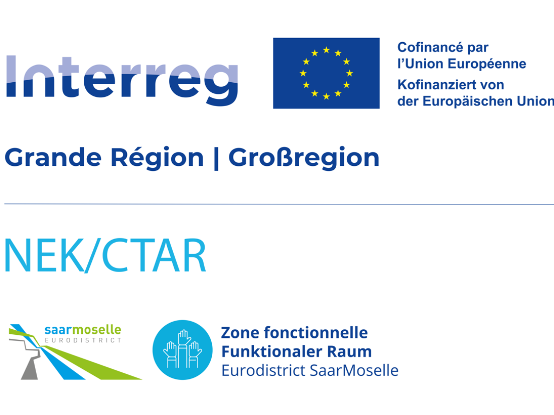 Die verschiedenen Logos von  Interreg, Funktionaler Raum, NEK/CTAR in blau und grün vor weißem Hintergrund
