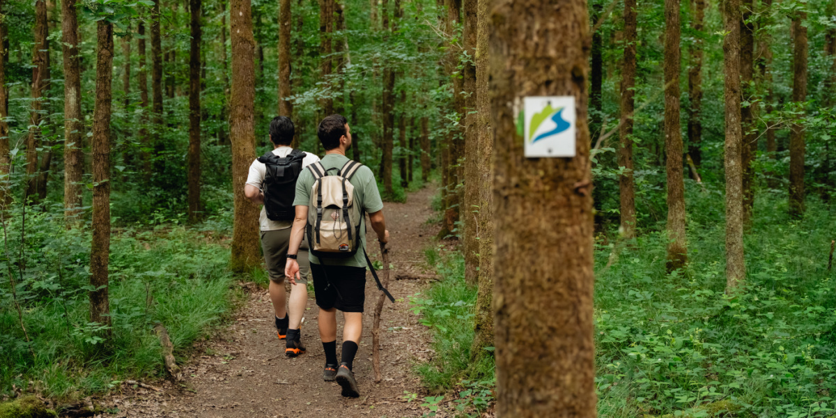 Aktiv & Natur Shooting ©Visit Saarbrücken, A. Lombardozzi Zwei Männer beim Wandern im Wald.
