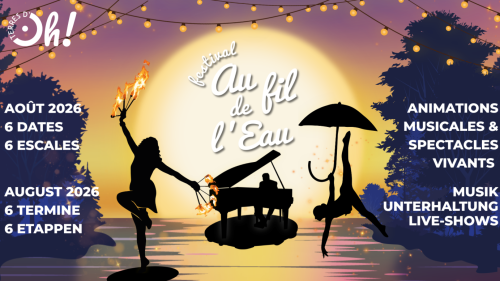 Plakat zur Veranstaltung mit Silhouetten artistischer Darbietungen in lila und gelb-Tönen und weißer Schrift