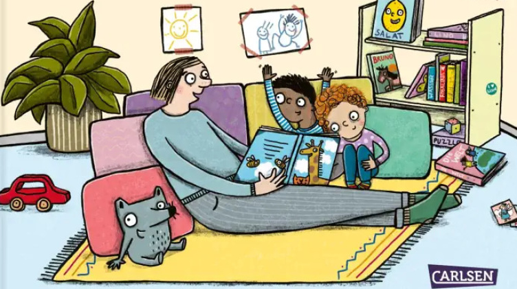 Gezeichnetes Buchcover, auf dem eine erwachsene Person gemütlich zwei kleinen Kinder aus einem Buch voliest Gezeichnetes Buchcover, auf dem eine erwachsene Person gemütlich zwei kleinen Kinder aus einem Buch voliest