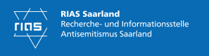 RIAS-Saarland-Logo mit dem Schriftzug: „Recherche- und Informationsstelle Antisemitismus Saarland“ auf blauem Hintergrund. RIAS-Saarland-Logo mit dem Schriftzug: „Recherche- und Informationsstelle Antisemitismus Saarland“ auf blauem Hintergrund.