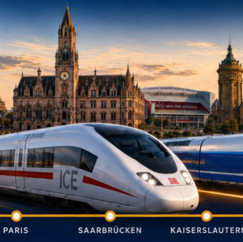 Zwei Schnellzüge vor Sehenswürdigkeiten in London, Paris, Saarbrücken, Mannheim, Kaiserlautern, Frankfurt und Berlin